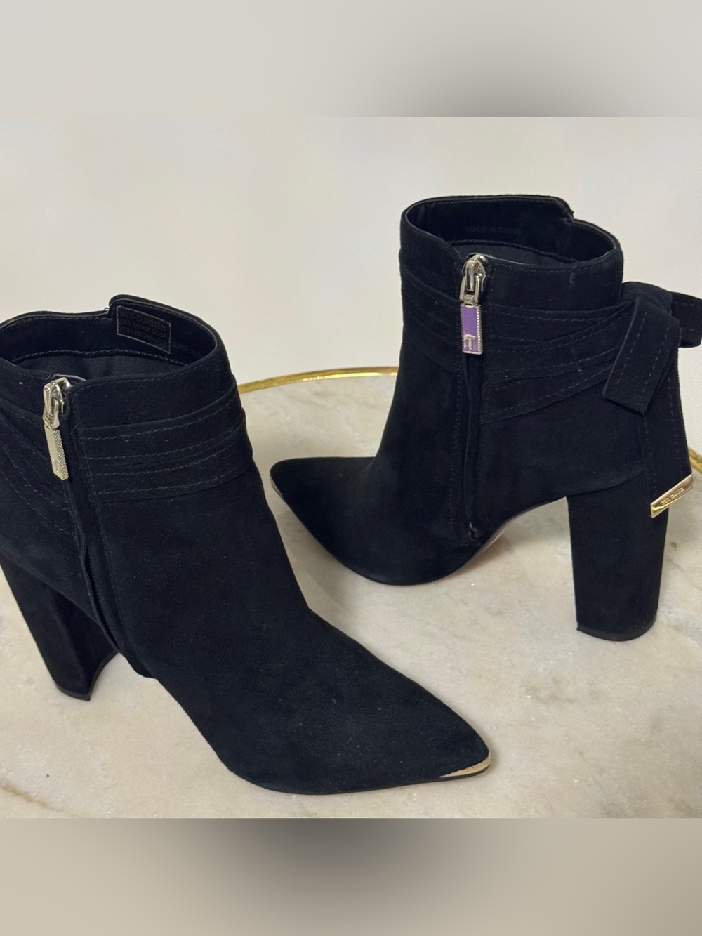Ted Baker Black Suede Pointed Ankle Booties with Gold Accents size 8 / 38.5